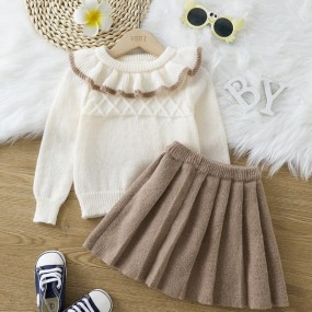 SHEIN Young Girl Ruffle Trim Sweater & Pleated Knit Skirt