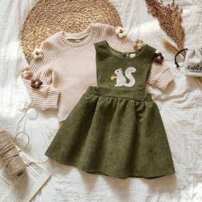 SHEIN Vintaside Kids Baby GirlCute Embroidered Squirrel Pattern Long Sleeve Dress, Pinafore Dress Outfit, Adorable & Sweet, Suitable For Various Occasions, Autumn Winter