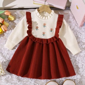 Infant Baby Girl Fashionable Embroidered Ruffle Trim Knit Long Sleeve Sweater Dress, Autumn Winter Baby Girl Dress Set Toddler Dress Set Embroidered Baby Dress Burgundy Baby Girl Dress Baby Fall Dress