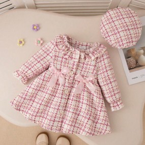 Fall Winter Baby Girl Cute Pink Plaid Lace Collar & Bowknot Dress With Beret Cap Outfit