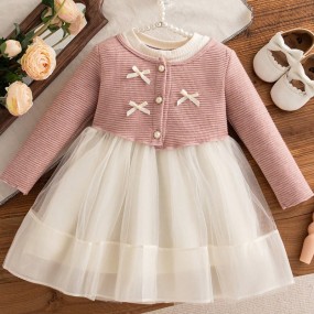 Baby Girls' Elegant Long Sleeve Mesh Patchwork Princess Dress, Butterfly Decor, Suitable For Birthday Party, Spring Autumn