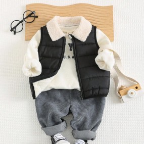 Cozy Pixies 3pcs Baby Boy Set: Letter Print Crewneck Sweatshirt, Thermal Lined, Sleeveless Vest, And Elastic Waist Joggers