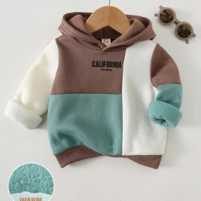Cozy Pixies Baby Boy Letter Pattern Contrast Color Patchwork Soft Knit Hoodie Sweatshirt