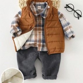 Cozy Pixies 3pcs Baby Boy Casual Soft Plaid Shirt, Solid Color Sleeveless Fleece Vest, And Elastic Waist Pants Set Baby Boys Outfit Baby Set Autumn Winter Baby Boys Winter Outfit Fall