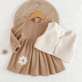 Cozy Pixies 2pcs Baby Girl Floral Embroidered Round Neck Long Sleeve Waist Corduroy Dress & Sleeveless Furry Vest Set, Autumn Winter Coats For Baby Girl Dress For Toddler Princess Tan Mocha Baby Cloth
