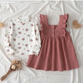 Loomiva 2pcs Set Young Girl Floral Print Round Neck Ruffle Sleeve Pullover Top And Waist Cinched Sleeveless Dress