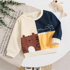 SHEIN Toddler Boys' Colorblock Cartoon Animal Print Crew Neck Long Sleeve Sweatshirt, Cute & Casual, Suitable For Outdoor, Autumn/Winter