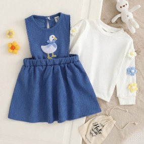 SHEIN 2pcs Baby Girls AutumnWinter Dress Set, Comfortable Floral Embellished Knit Long Sleeve Top  Cartoon Duck Colorblock Corduroy Dress Suitable For Outings And Daily Wear